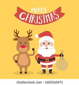 Santa Claus and Christmas reindeer, with Merry Christmas sign! . Christmas card