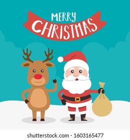 Santa Claus and Christmas reindeer, with Merry Christmas sign! . Christmas card