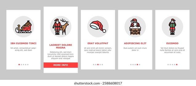 santa claus christmas reindeer onboarding mobile vector sleigh northpole, elves gifts, jolly chimney, naughty nice tradition holiday festive santa claus christmas reindeer illustrations