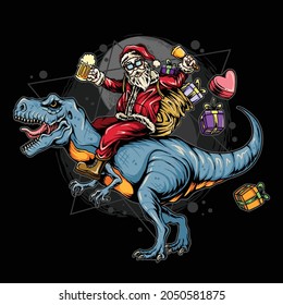 santa claus christmas  riding a rex dinosaur carrying gifts 