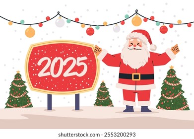 Santa Claus Christmas scene with festive decor. Santa stands with arms outstretched beside a large red sign. Background features Christmas trees and string lights