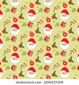 La Navidad de Santa Claus es perfecta con caja de regalo, baubles, poinsettia y latas de dulces.  Feliz Navidad, perfecta ilustración vectorial de patrón. Fondo de diseño de superficie para papel textil y de envoltura. 