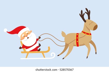 Santa Claus Christmas set. Funny Father Frost rides in a sleigh pulled by reindeer. Christmas character design travel. 