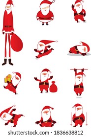 Santa Claus Christmas set. Santa Claus run with bag, give gift box, fall, sleeps, hangs on the horizontal bar, sits.  Christmas character design