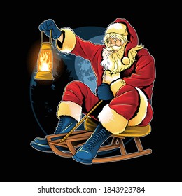 santa claus christmas skating on the snow carrying a fire lamp