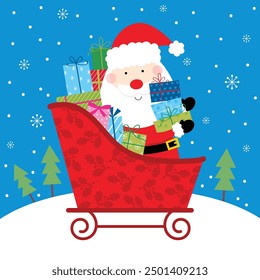 santa claus with christmas sleigh greeting card design