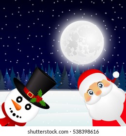 Santa Claus and Christmas snowman in forest