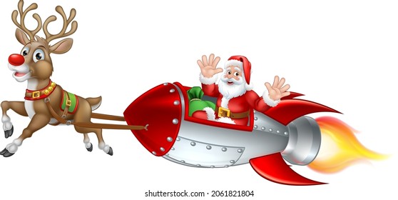 Santa Claus in a Christmas space rocket ship sled or sleigh pulled by his reindeer 