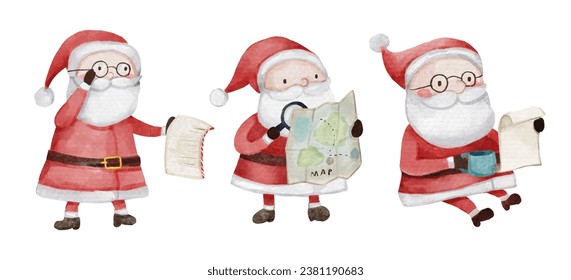 Santa claus . Christmas theme . Watercolor paint cartoon characters . Isolated . Set 1 of 15 . Vector .