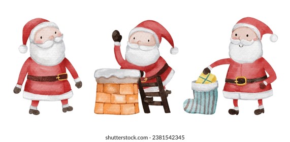 Santa claus . Christmas theme . Watercolor paint cartoon characters . Isolated . Set 4 of 15 . Vector .