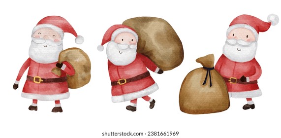 Santa claus . Christmas theme . Watercolor paint cartoon characters . Isolated . Set 5 of 15 . Vector .