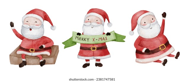 Santa claus . Christmas theme . Watercolor paint cartoon characters . Isolated . Set 6 of 15 . Vector .