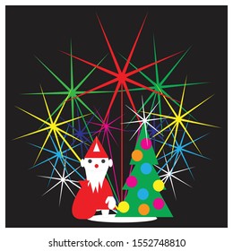 Santa Claus and Christmas tree. Abstract carnival, festival. Vector and illustration with firework. Elements for logos. Image for any holidays. Corporate gift.
