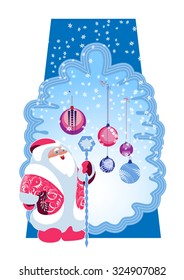 Santa Claus and Christmas tree against a 
backdrop of falling snow