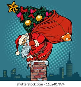 Santa Claus with a Christmas tree in a bag climbs the chimney. Pop art retro vector illustration vintage kitsch drawing