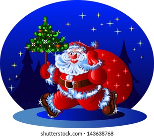 Santa Claus with Christmas tree and a bag of gifts on the background of the winter forest