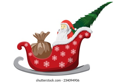 Santa Claus Christmas tree and bag of presents in sledge isolated on white Background