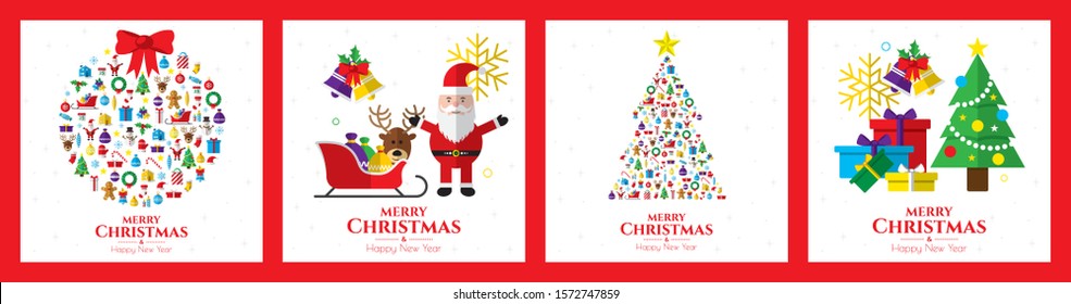 Santa claus, christmas tree, bell, stocking, christmas tree, reindeer, present, snowman and christmas elements. Merry christmas.