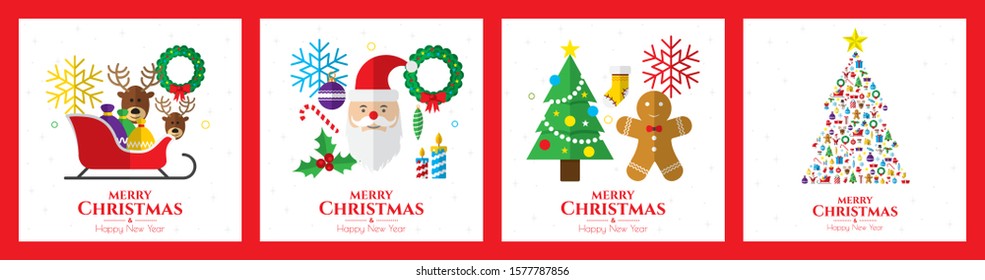 Santa claus, christmas tree, bell, stocking, christmas tree, reindeer, present, snowman and christmas elements. Merry christmas.