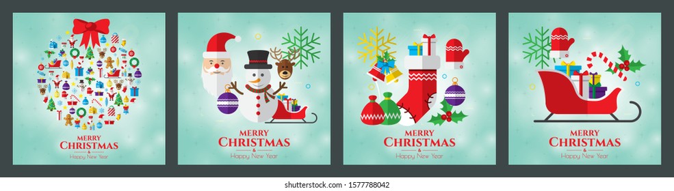 Santa claus, christmas tree, bell, stocking, christmas tree, reindeer, present, snowman and christmas elements. Merry christmas. 