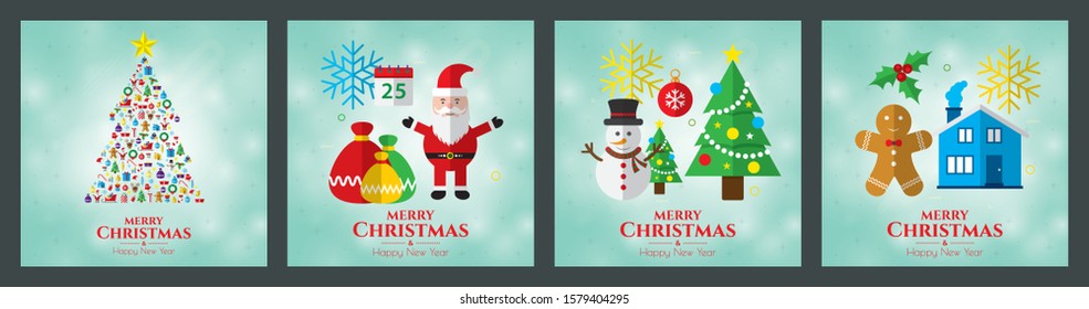 Santa claus, christmas tree, bell, stocking, christmas tree, reindeer, present, snowman and christmas elements. Merry christmas. 