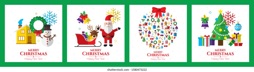 Santa claus, christmas tree, bell, stocking, christmas tree, reindeer, present, snowman and christmas elements. Merry christmas.