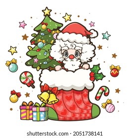 Santa Claus and a Christmas tree in big red socks are depicted in a cute cartoon character vector illustration. It can be used as a Christmas decoration or as part of the overall design.