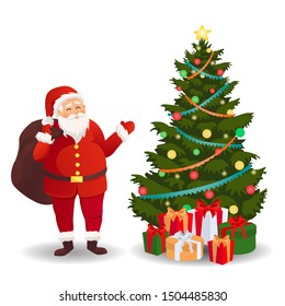 Santa Claus with Christmas tree. Christmas card. Funny cartoon Santa Claus with a huge red bag with gifts. Santa Claus for Christmas and New Year posters, gift tags and stickers.