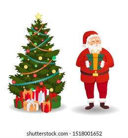 Santa Claus with Christmas tree. Christmas card. Funny cartoon Santa Claus with a huge red bag with gifts. Santa Claus for Christmas and New Year posters, gift tags and stickers.
