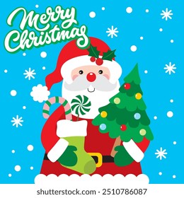 Santa Claus with Christmas Tree For Christmas Card or Bag design