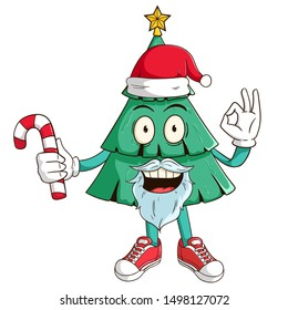 Santa Claus Of Christmas Tree Cartoon Character Holding A Candy With Funny Smile Face And Ok Hand Sign