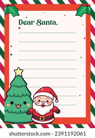 Vector de ilustración de caracteres de Papá Noel y de árbol de Navidad: Plantilla de niños para carta de Navidad a Santa Claus en una hoja de papel decorada
