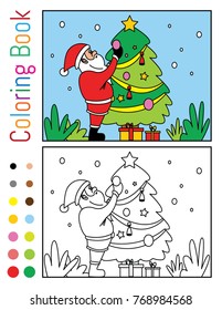 Santa Claus with Christmas Tree Coloring Book Vector Illustration