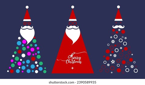 Santa Claus Christmas tree fashion hipster style set icons. Santa hats, moustache and beards, glasses. Xmas trees elements for your festive design. Vector illustration isolated on blue background 