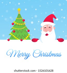 Santa Claus, christmas tree fir flat style design icon sign vector illustration greeting postcard. Symbol of xmas holiday celebration isolated on snow background.