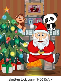 Santa Claus with christmas tree and fire place Vector Illustration