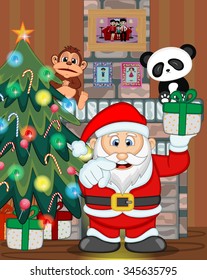 Santa Claus with christmas tree and fire place Vector Illustration