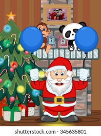 Santa Claus with christmas tree and fire place Vector Illustration