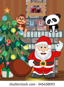 Santa Claus with christmas tree and fire place Vector Illustration