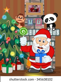 Santa Claus with christmas tree and fire place Vector Illustration