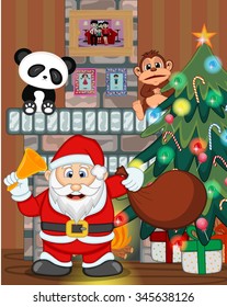 Santa Claus with christmas tree and fire place Vector Illustration