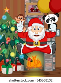 Santa Claus with christmas tree and fire place Vector Illustration