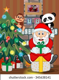 Santa Claus with christmas tree and fire place Vector Illustration