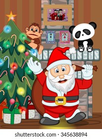 Santa Claus with christmas tree and fire place Vector Illustration