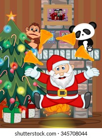 Santa Claus with christmas tree and fire place Vector Illustration