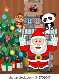 Santa Claus with christmas tree and fire place Vector Illustration