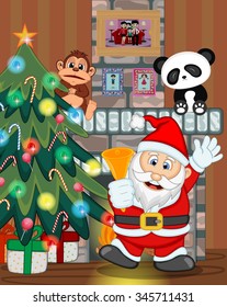 Santa Claus with christmas tree and fire place Vector Illustration