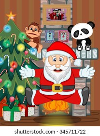 Santa Claus with christmas tree and fire place Vector Illustration