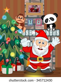 Santa Claus with christmas tree and fire place Vector Illustration