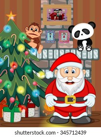 Santa Claus with christmas tree and fire place Vector Illustration